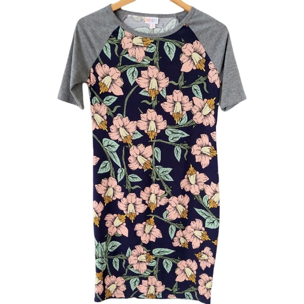NWT LuLaRoe Julia Dress Navy Floral Gray Sleeves - Size S (4-6)